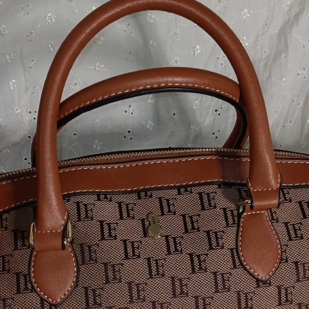 Brown Patterned Tote Bag with Tan Trim